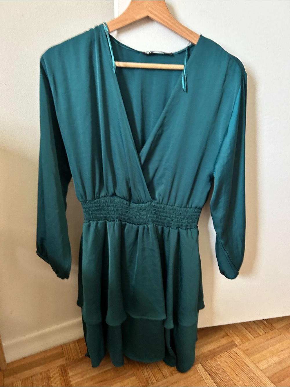 Zara Teal Wrap V-Neck Smocked Waist dress